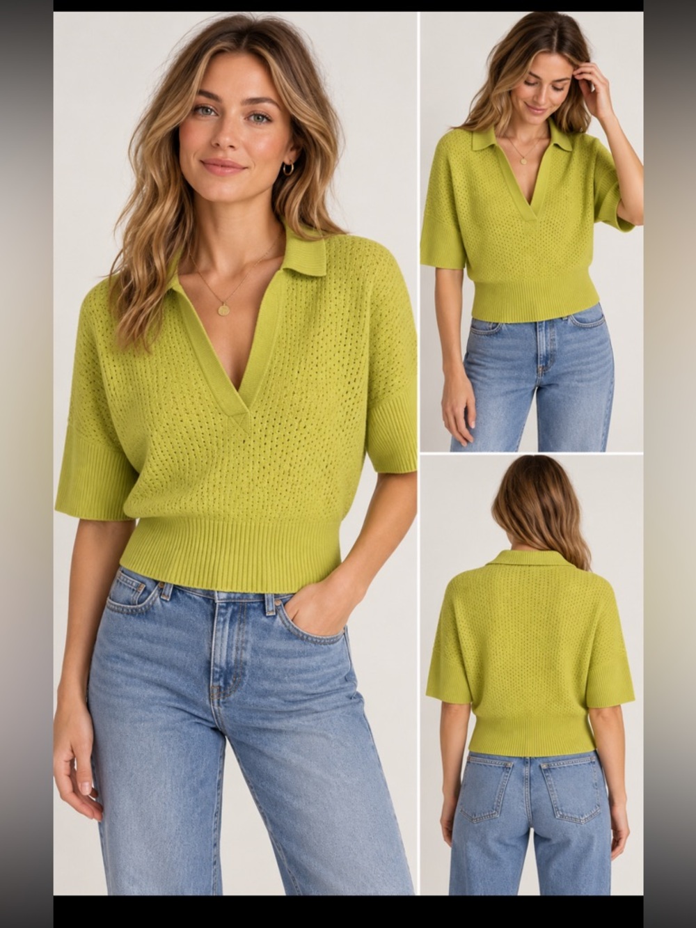 St. John Knit Chartreuse Wool Blend Open Knit Polo Sweater Top Size S